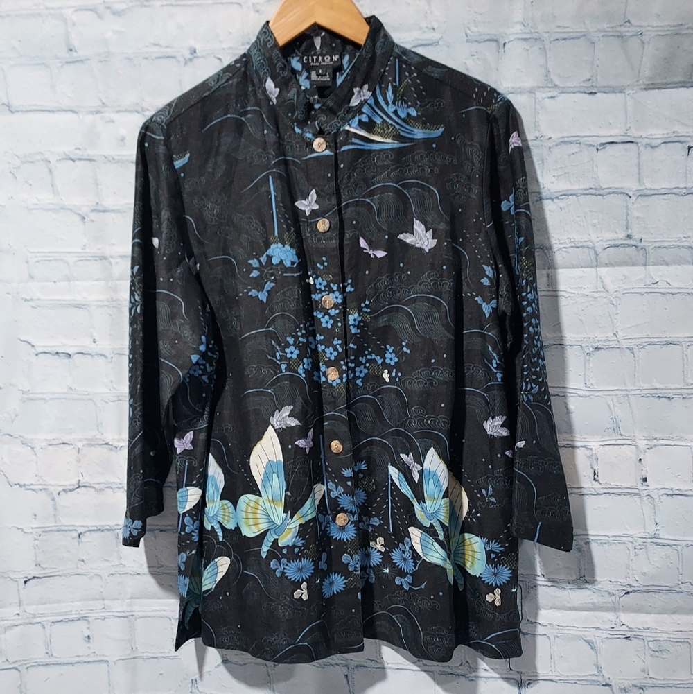 CITRON L Top Ramie Mandarin Collar Butterfly Floral Waves Old Money Luxury AOP